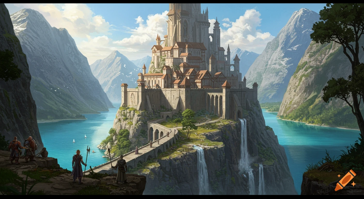A grand castle on a cliff overlooking a lake in a mountainous fantasy ...