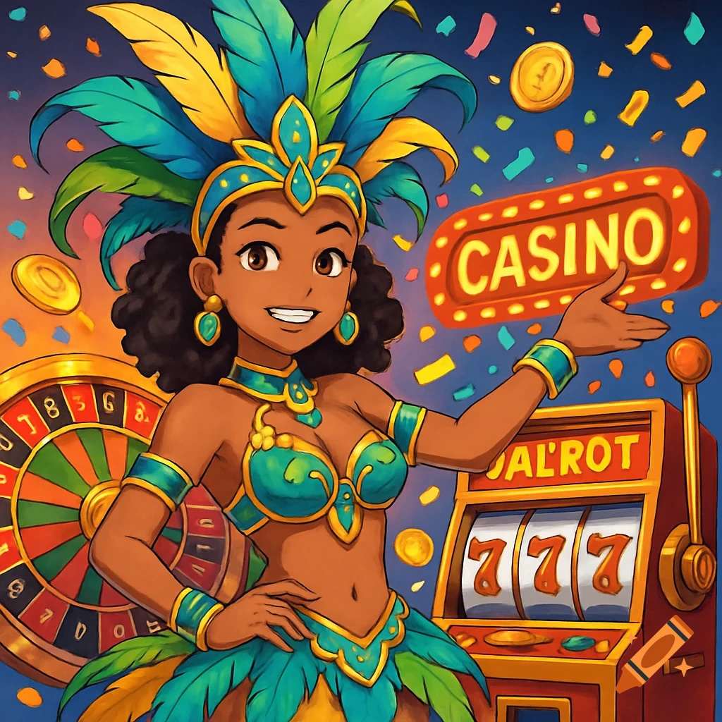 Anime woman in carnival costume with feathers, standing near a slot machine and roulette wheel, surrounded by coins and confetti.