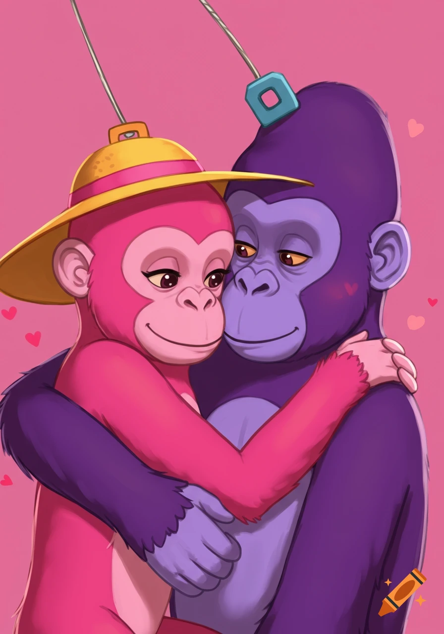 Cartoon pink monkey wearing a yellow hat cuddles a purple gorilla with pink hearts in the background.