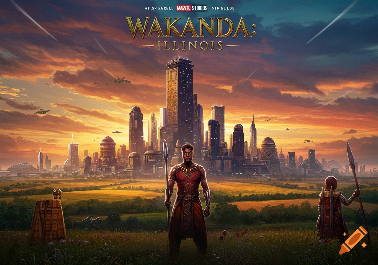 Movie poster for 'Wakanda: Illinois' featuring a futuristic cityscape, two figures, and a sunset landscape.