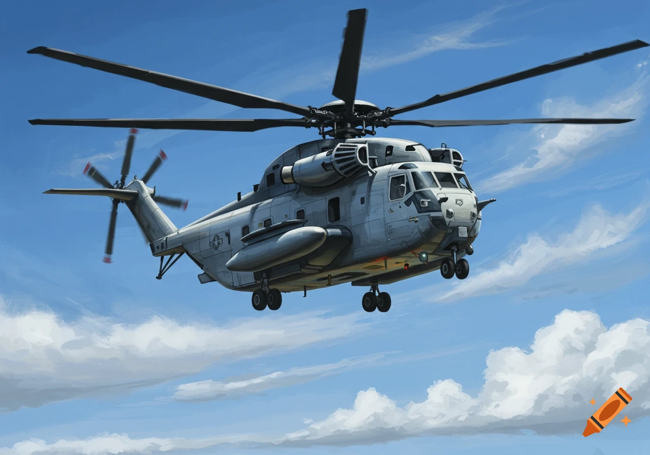 Digital illustration of a grey military helicopter flying in a blue sky with clouds.