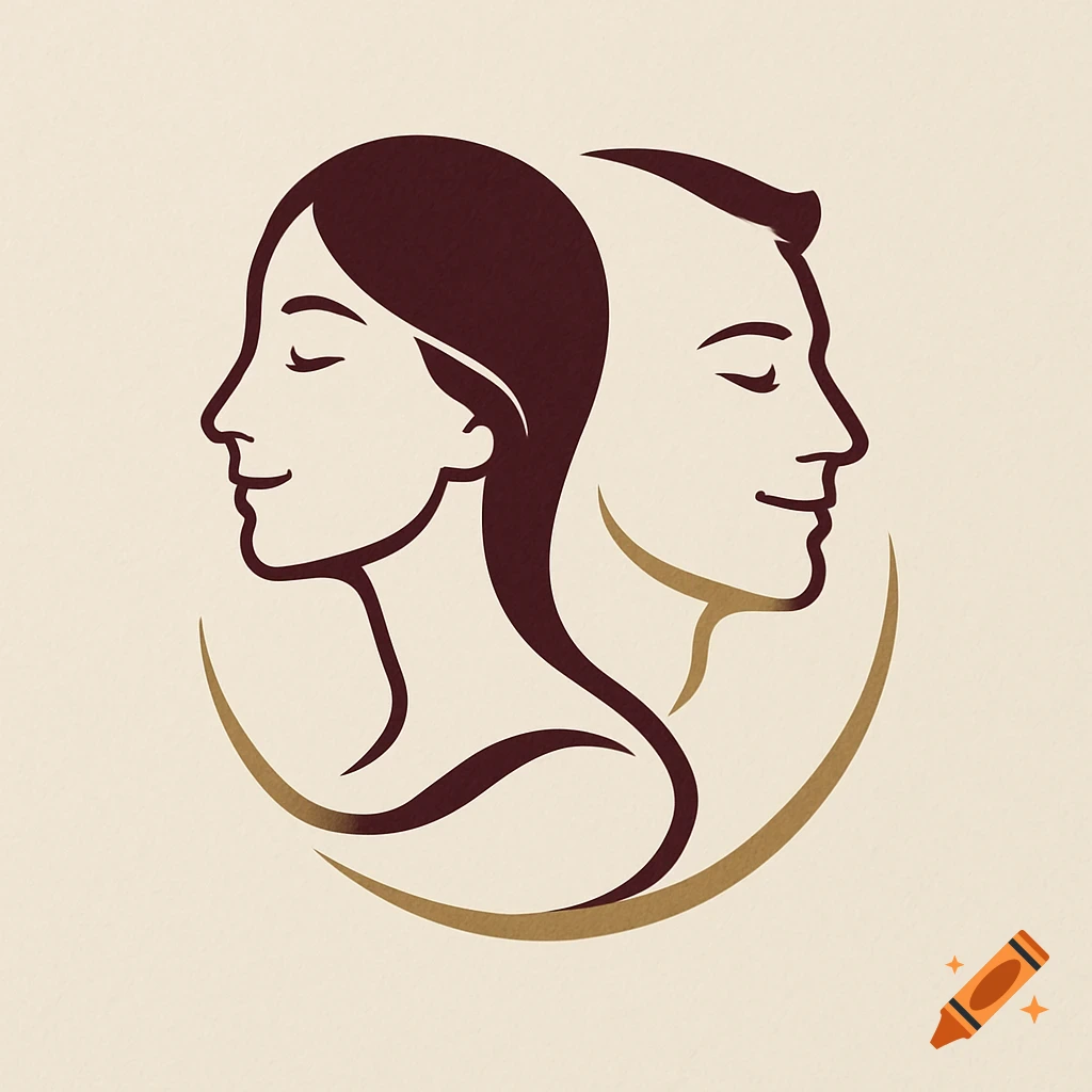 Minimalist logo of male and female profile silhouettes in burgundy and gold within a crescent.