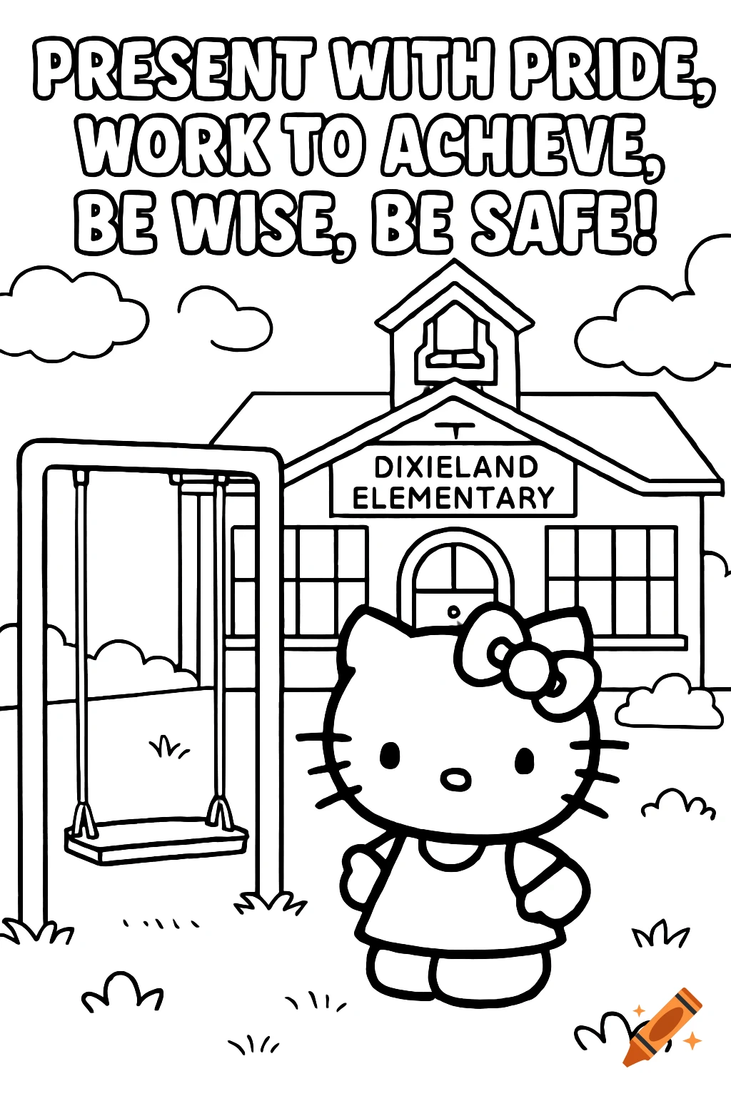 Black and white coloring page of Hello Kitty at a school with a swing set and motivational text.