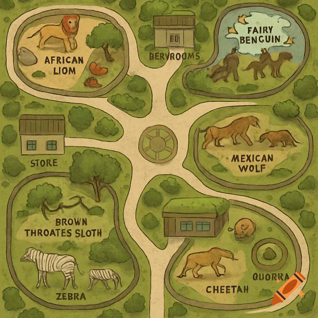 Top-down illustrated map of a zoo with exhibits for lions, penguins, wolves, sloths, zebras, cheetahs, and quokkas.