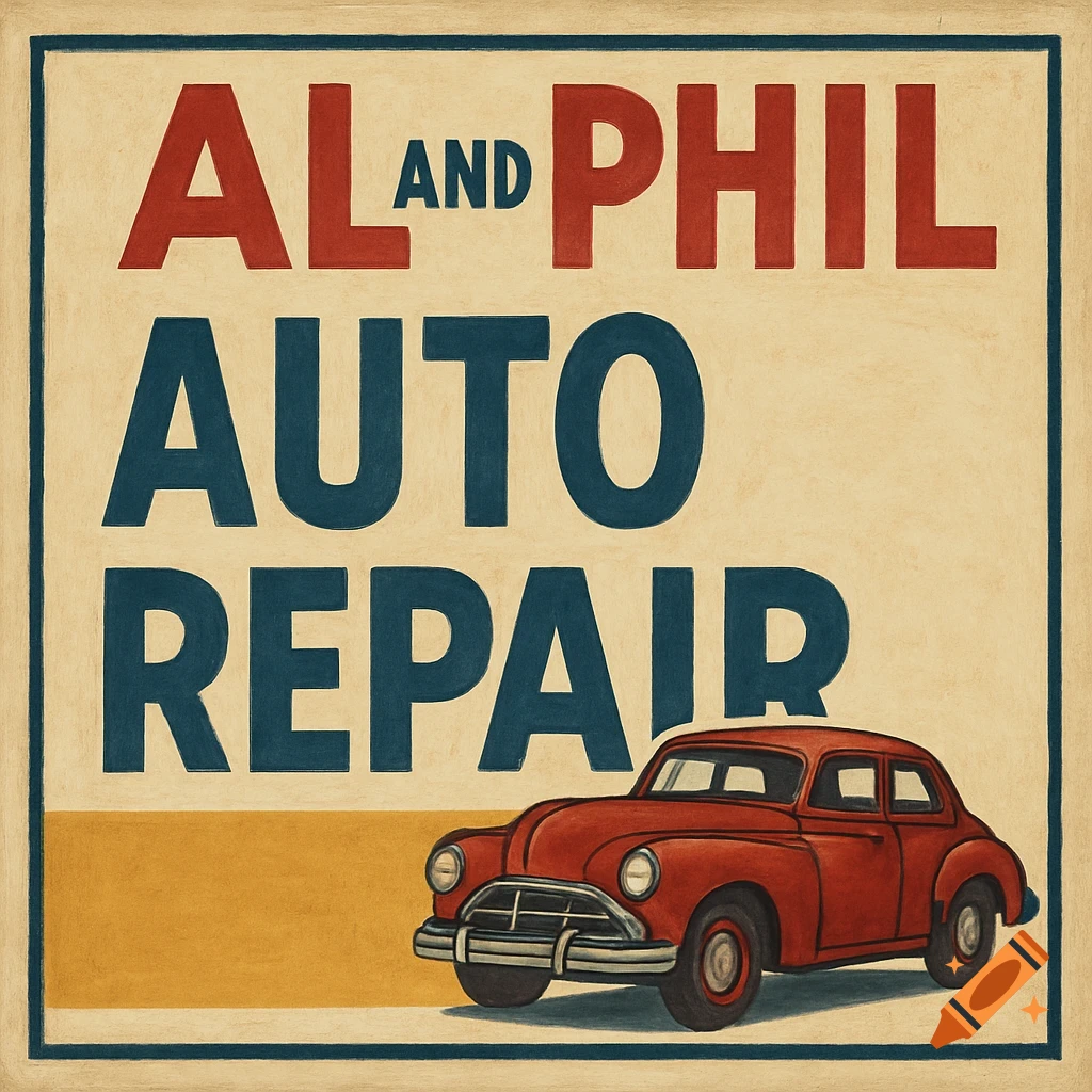 Vintage-style sign for Al and Phil Auto Repair with a red car.