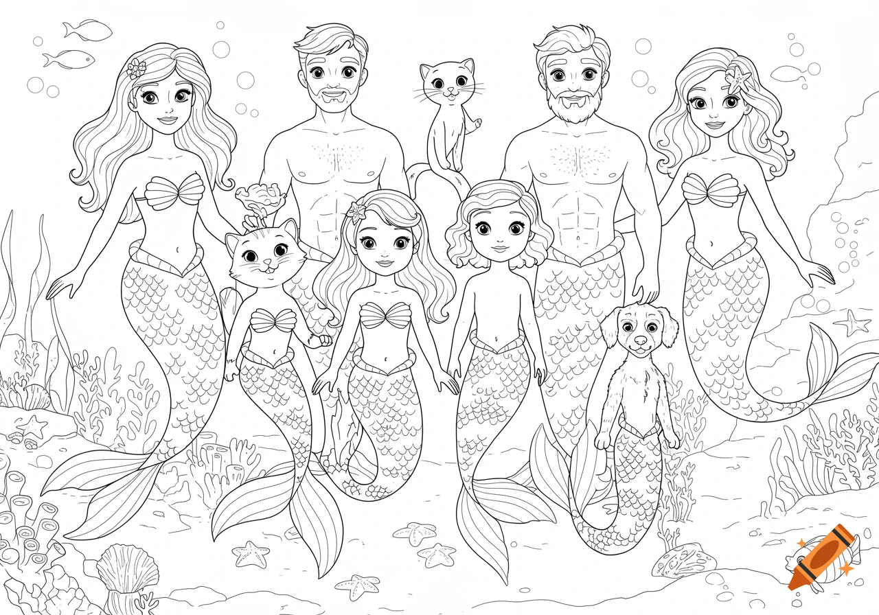 Line art coloring book illustration of a mermaid family, including parents, child, two cats, and a dog, underwater.