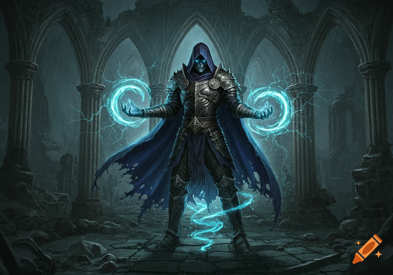 Sorcerer casting blue magic in crumbling gothic ruins during a storm.