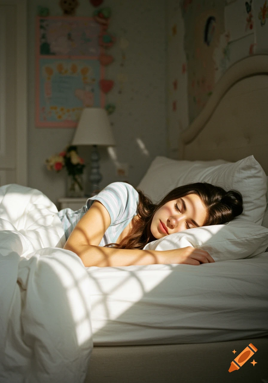 Girl sleeps in a sunlit bed in a bedroom.