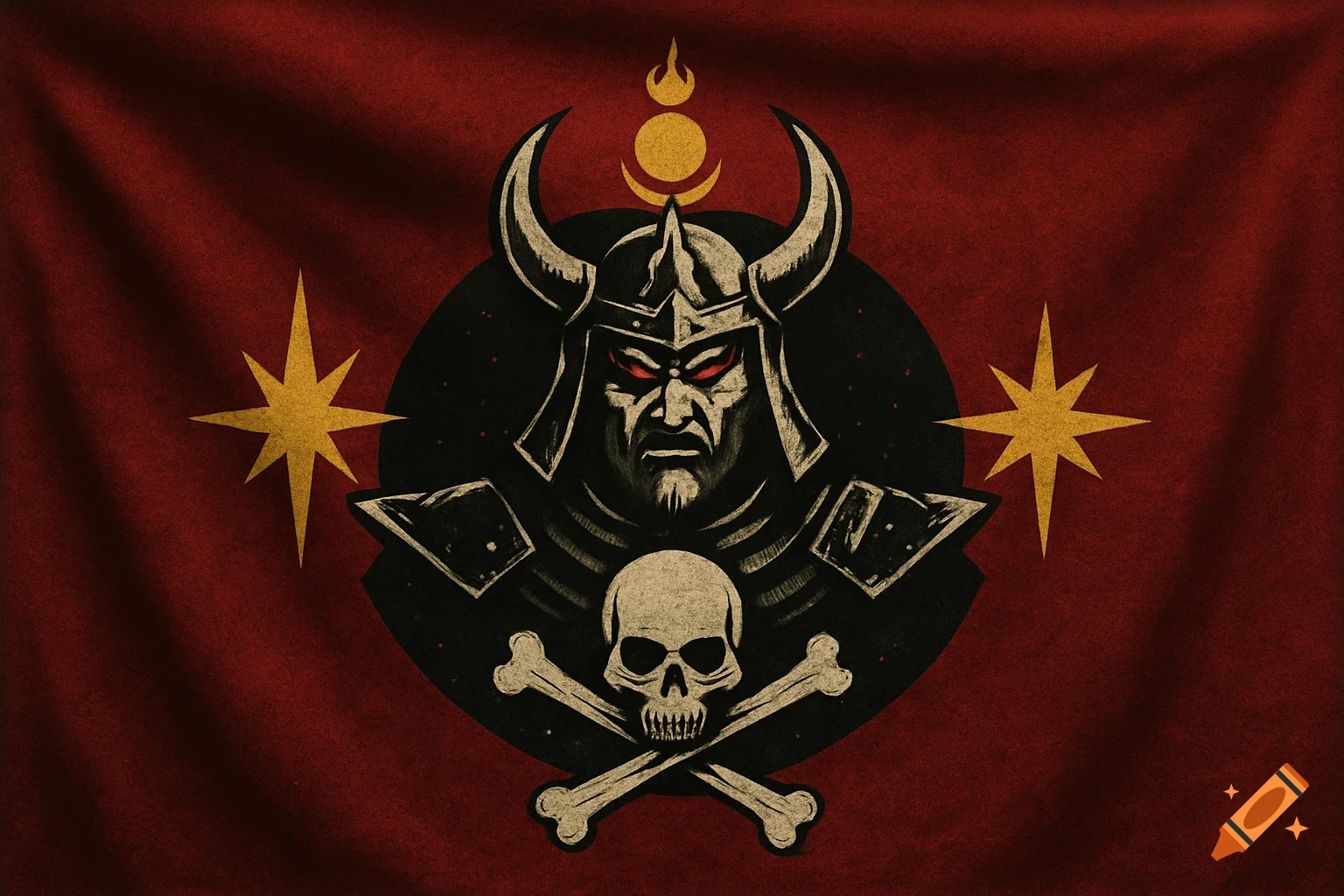 Flag with a horned demon face, skull and crossbones, stars, and fabric texture