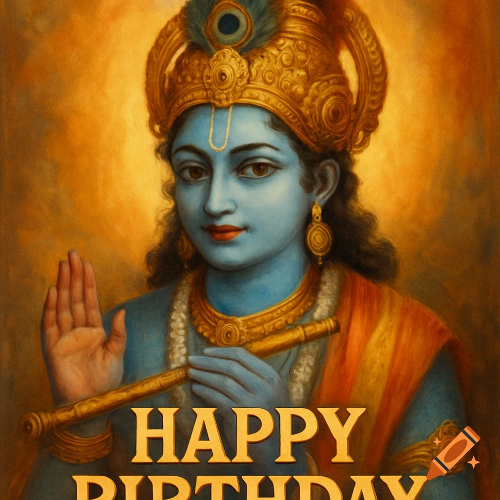 Painting of Krishna holding a flute with 'HAPPY BIRTHDAY' text