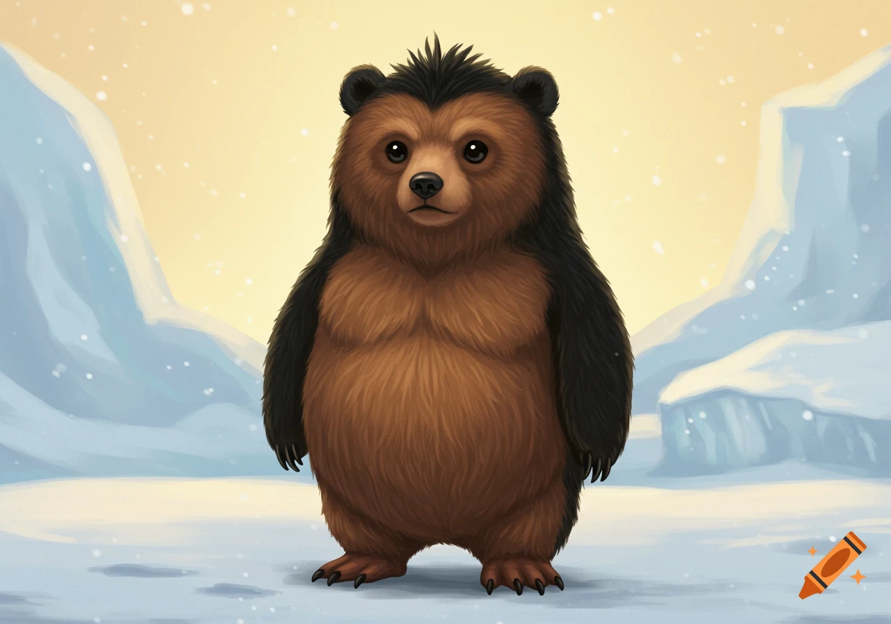 A cute cartoon bear-penguin hybrid standing in a snowy landscape.