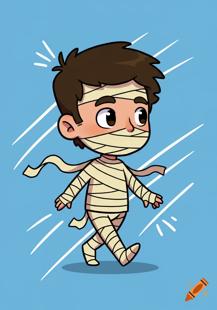 Cartoon drawing of a cute guy walking in mummy wrappings.
