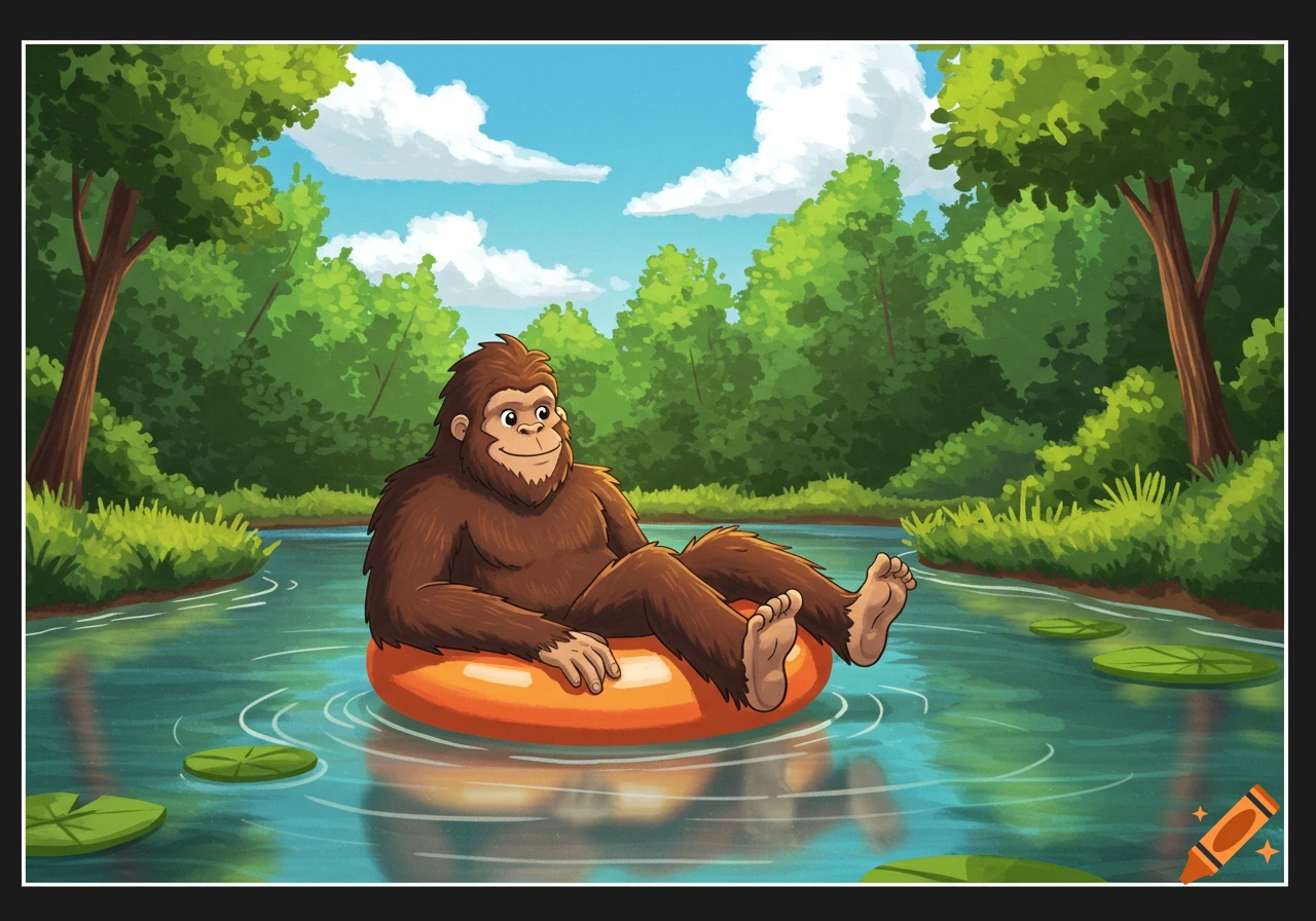 Cartoon illustration of a Bigfoot floating in a river on an orange inner tube.