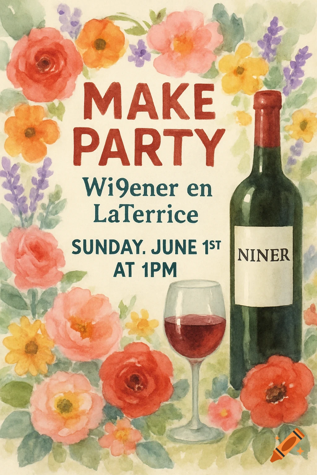 Watercolor party invitation with flowers, wine bottle, glass, and event details.