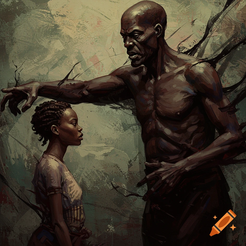 Abstract painting of a large dark figure reaching toward a small figure.