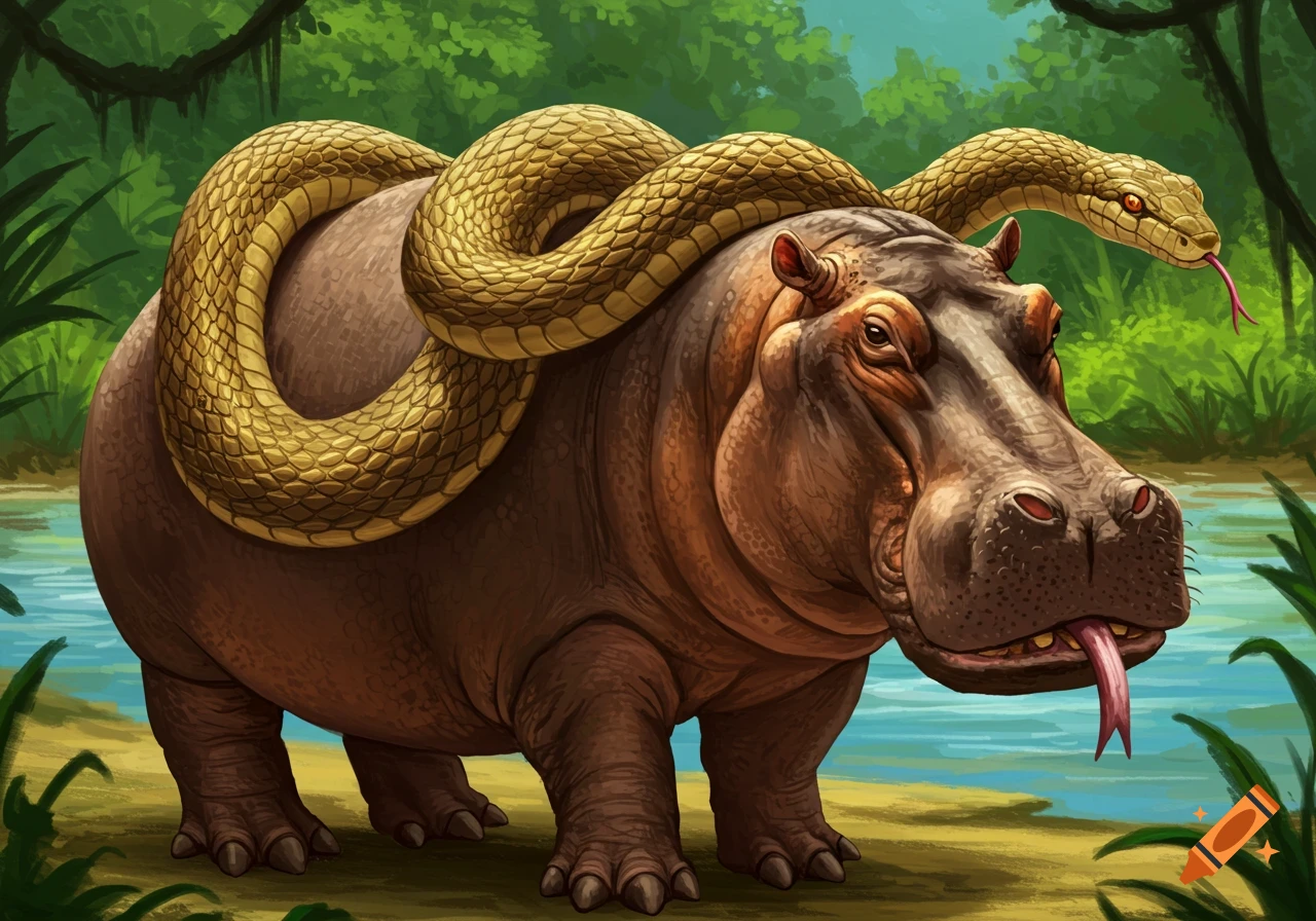 A hippo-snake hybrid creature stands by a river in a jungle.