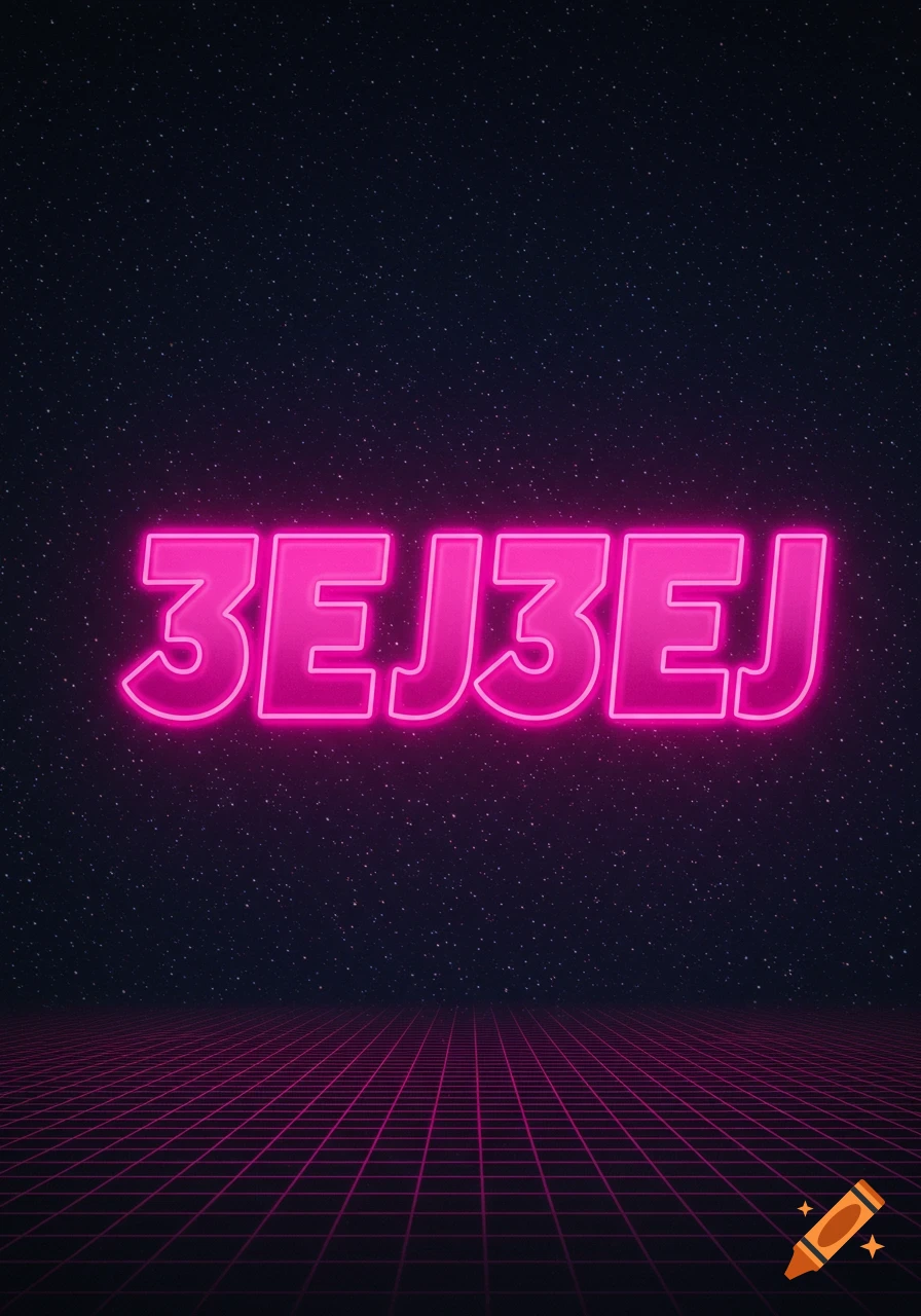 Glowing pink text '3EJ3EJ' over a retrowave grid and starry background.