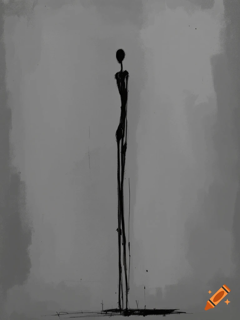 A tall, thin, sketchy black figure stands on a dark base against a textured grey background in a minimalist style drawing.