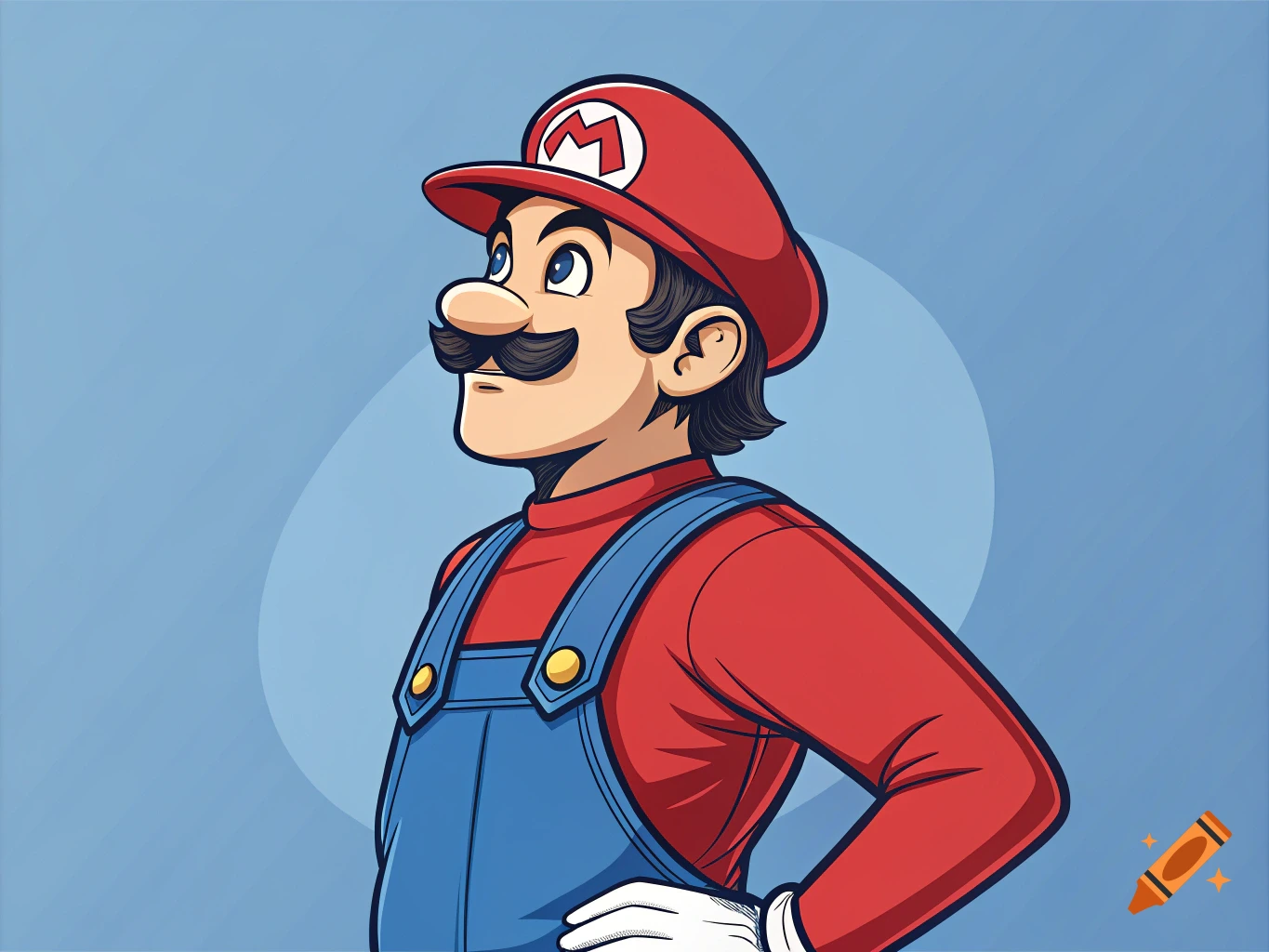 Cartoon illustration of Mario in red and blue overalls looking left.
