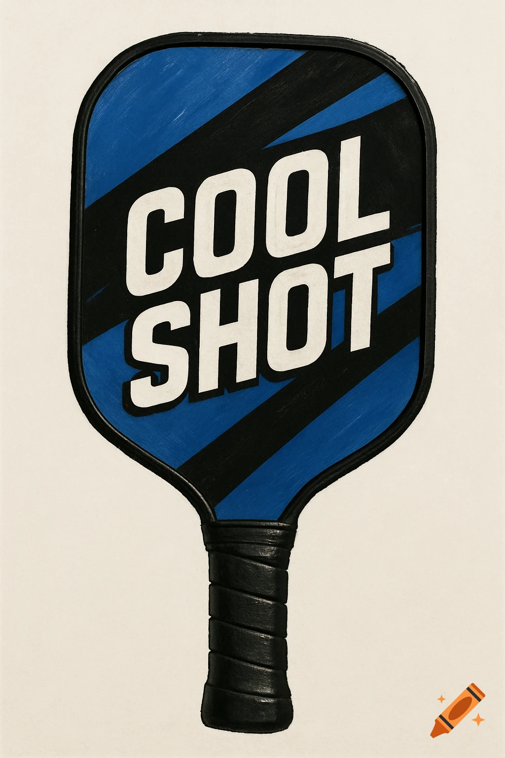 Pickleball paddle with blue and black stripes and the text COOL SHOT