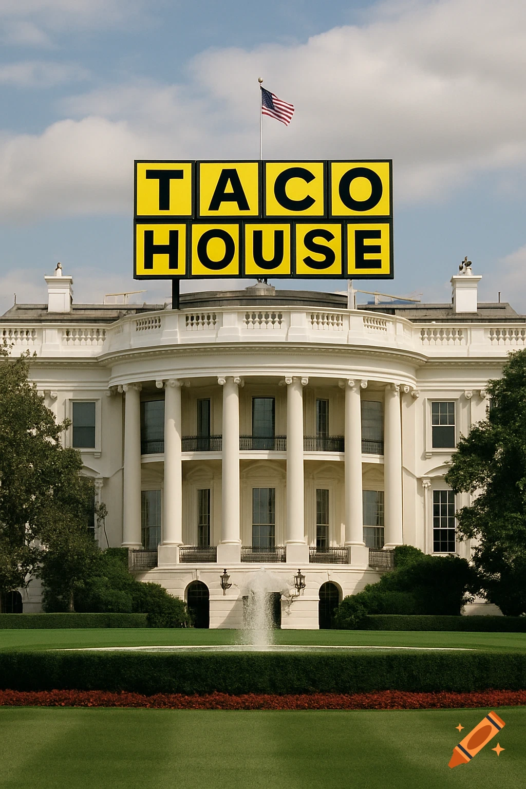 The White House with a large sign on its roof that reads 'TACO HOUSE' in a realistic photo.