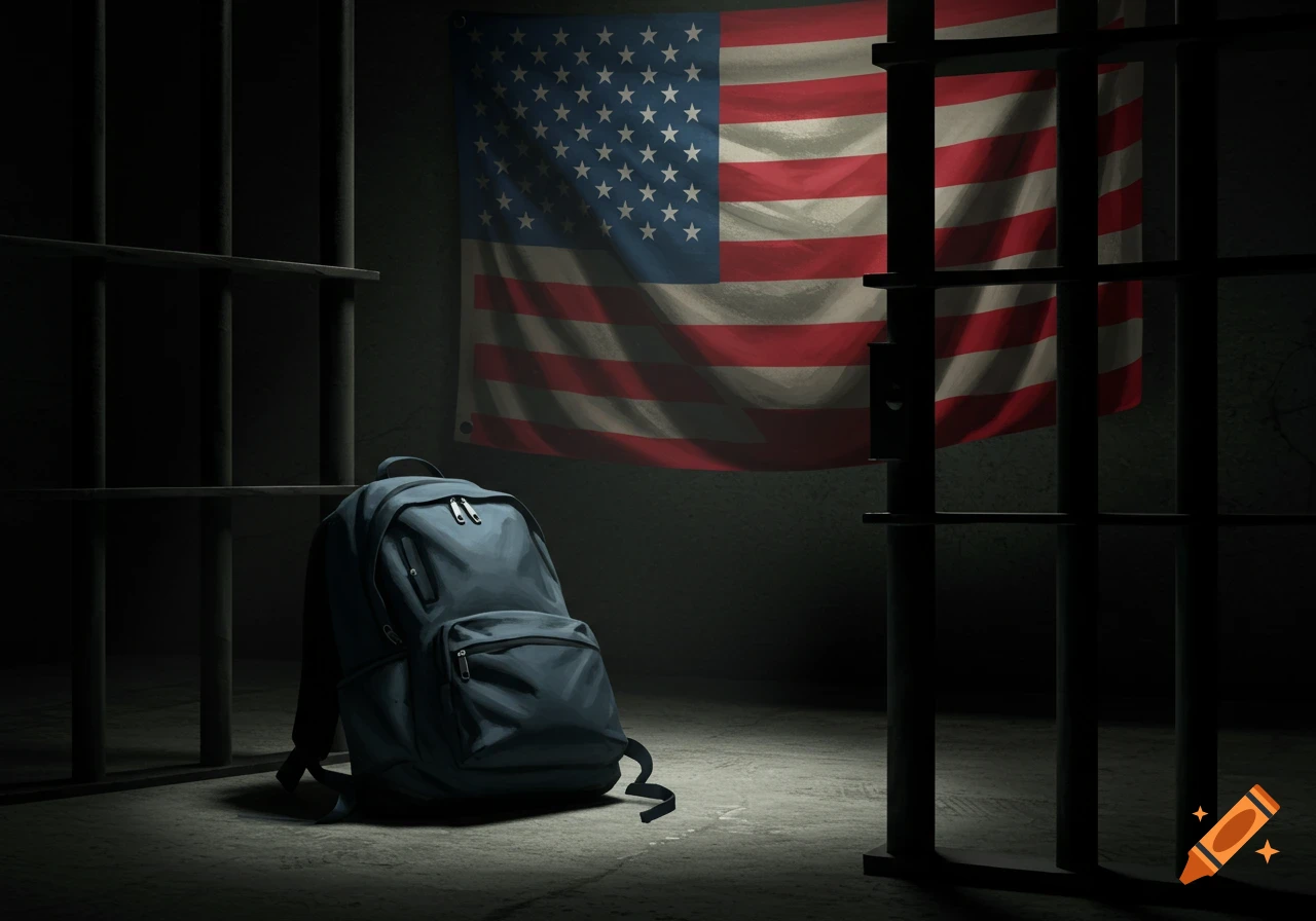 A blue backpack rests on the floor of a dimly lit jail cell with an American flag on the wall.
