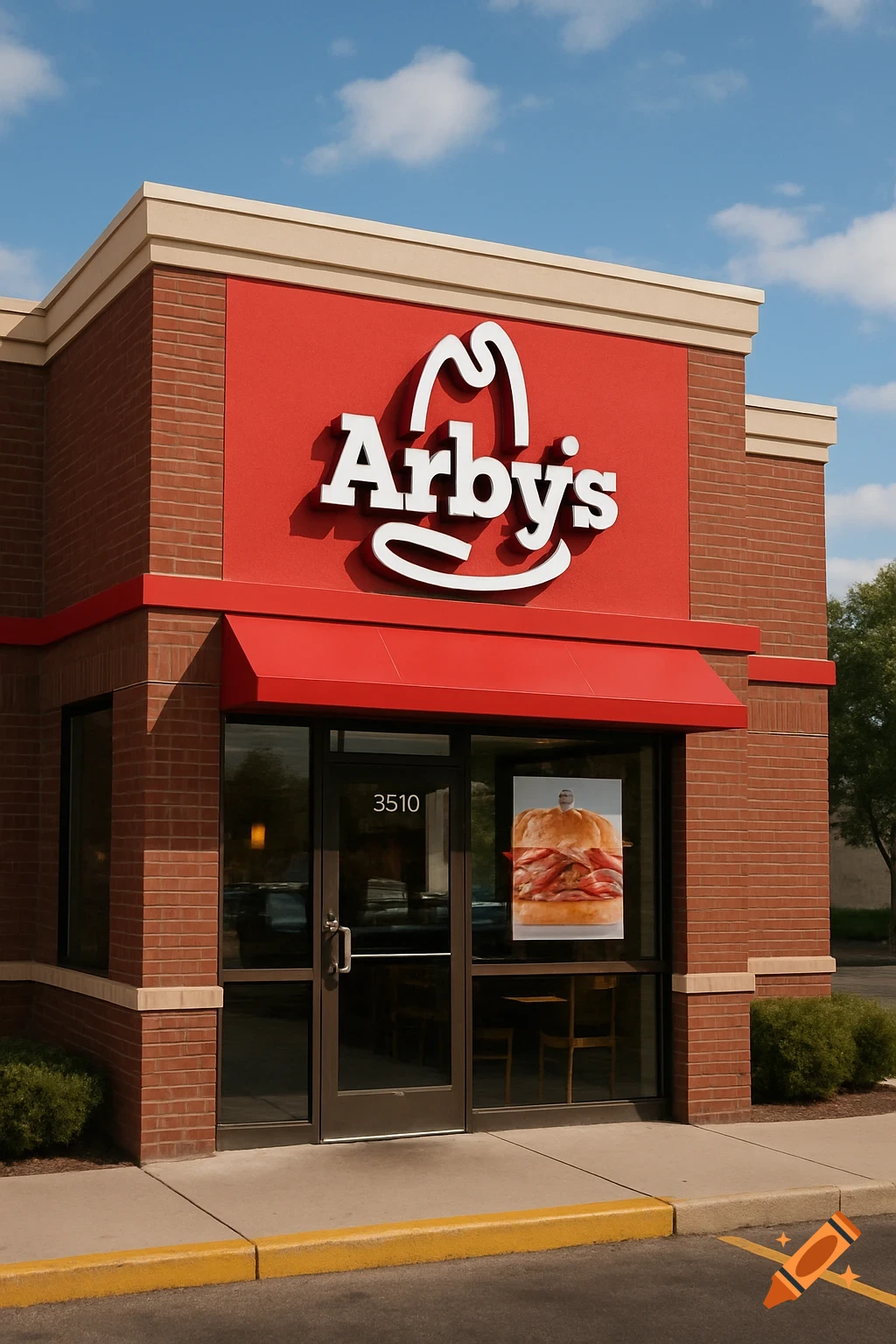 An Arby's restaurant storefront with a red facade, brick walls, a sign, door, and a sandwich poster in the window.