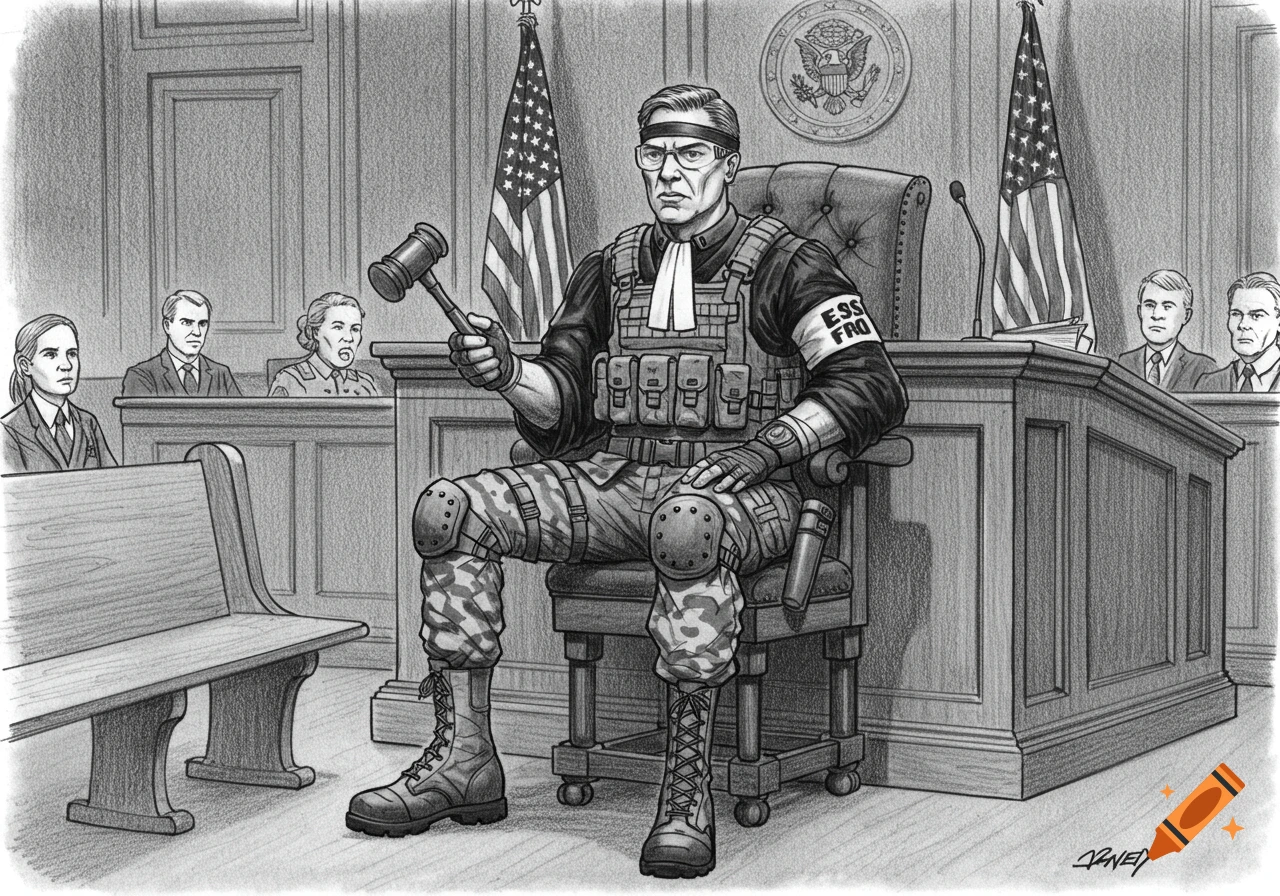 A judge in tactical gear sits in a courtroom holding a gavel. Black and white sketch.