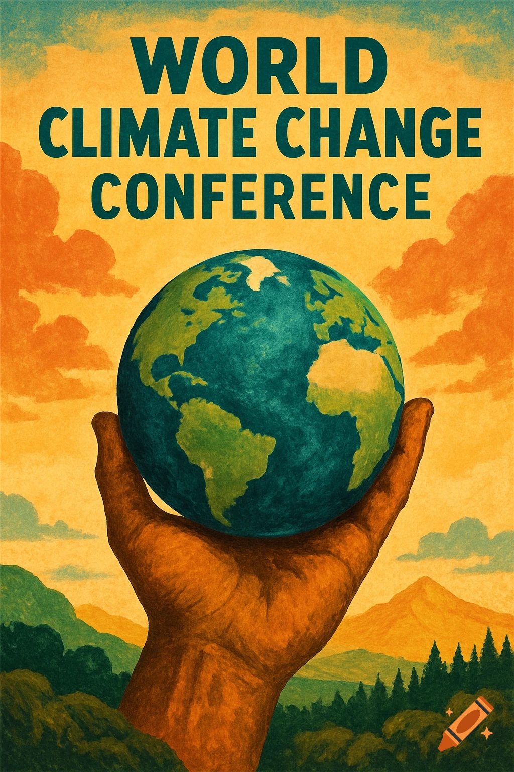 Poster illustration of a hand holding the Earth with text 'WORLD CLIMATE CHANGE CONFERENCE' above.