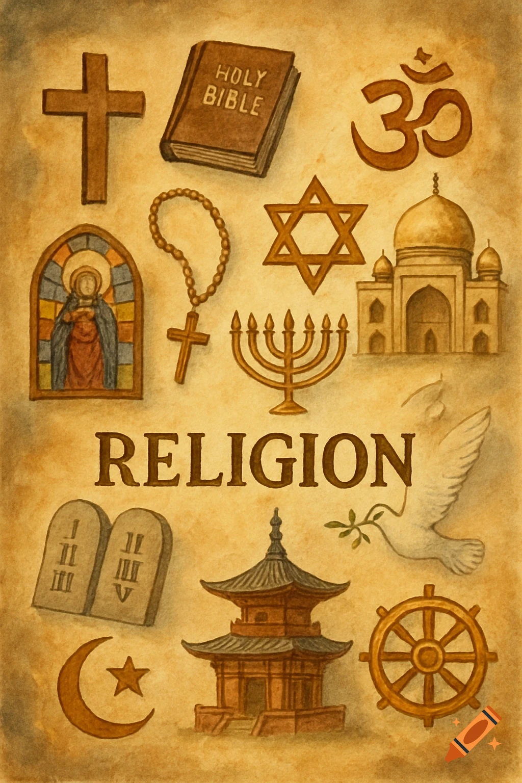 Watercolor illustration of religious symbols including cross, Bible ...