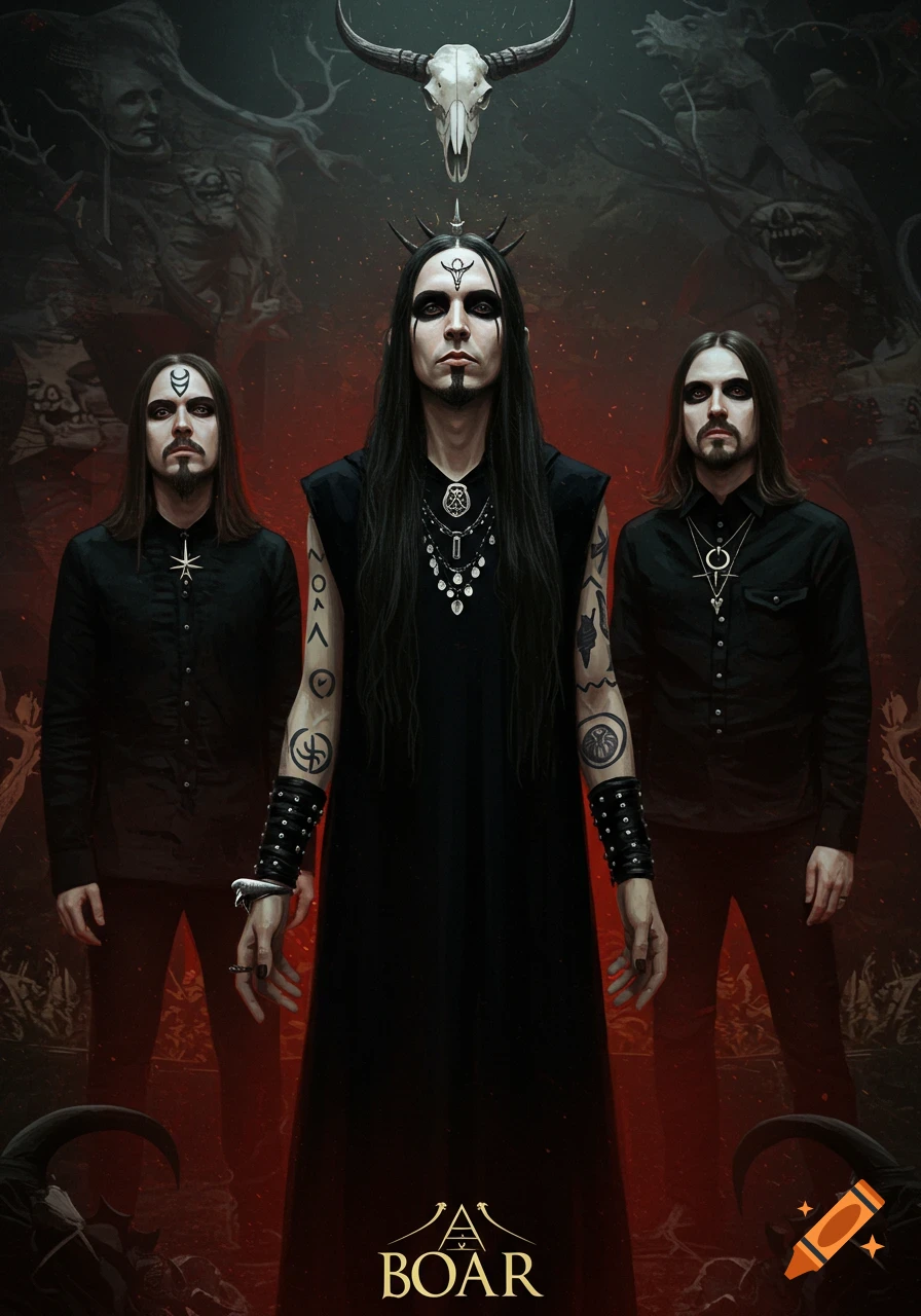 Occult band members in black clothes and makeup stand under a skull. A BOAR logo at the bottom.