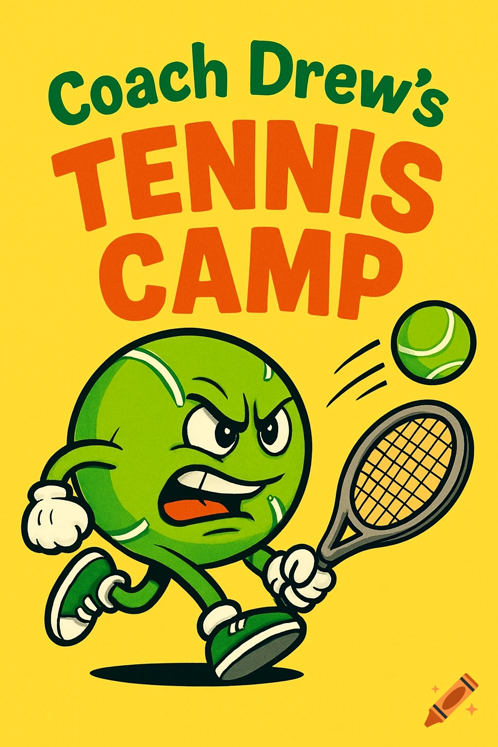 Cartoon tennis ball character hitting a ball with a racket, under the text Coach Drew's Tennis Camp, yellow background