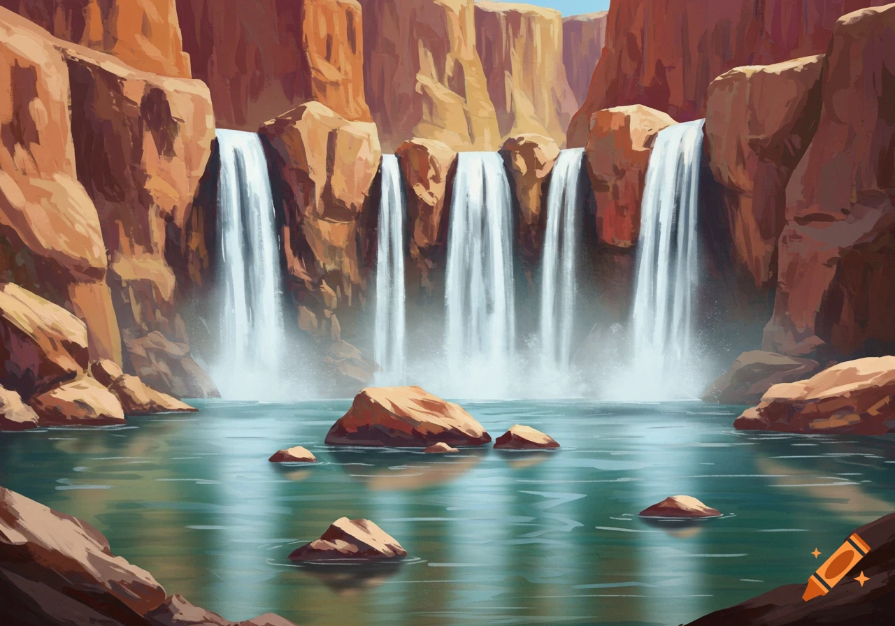 Digital painting of multiple waterfalls flowing into a pond with rocks in a canyon.