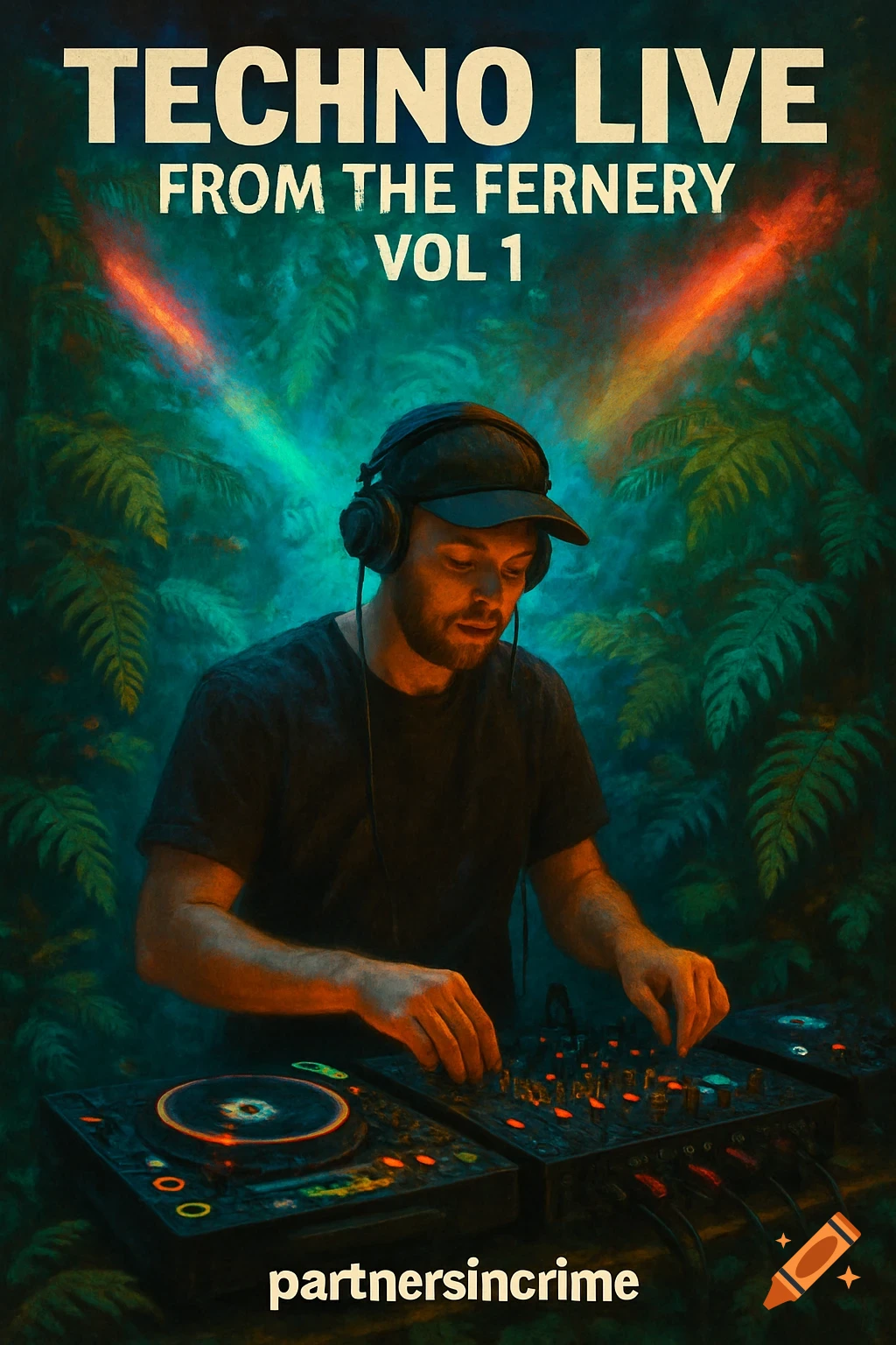 A DJ with headphones mixing music in a fern jungle setting with text overlay.