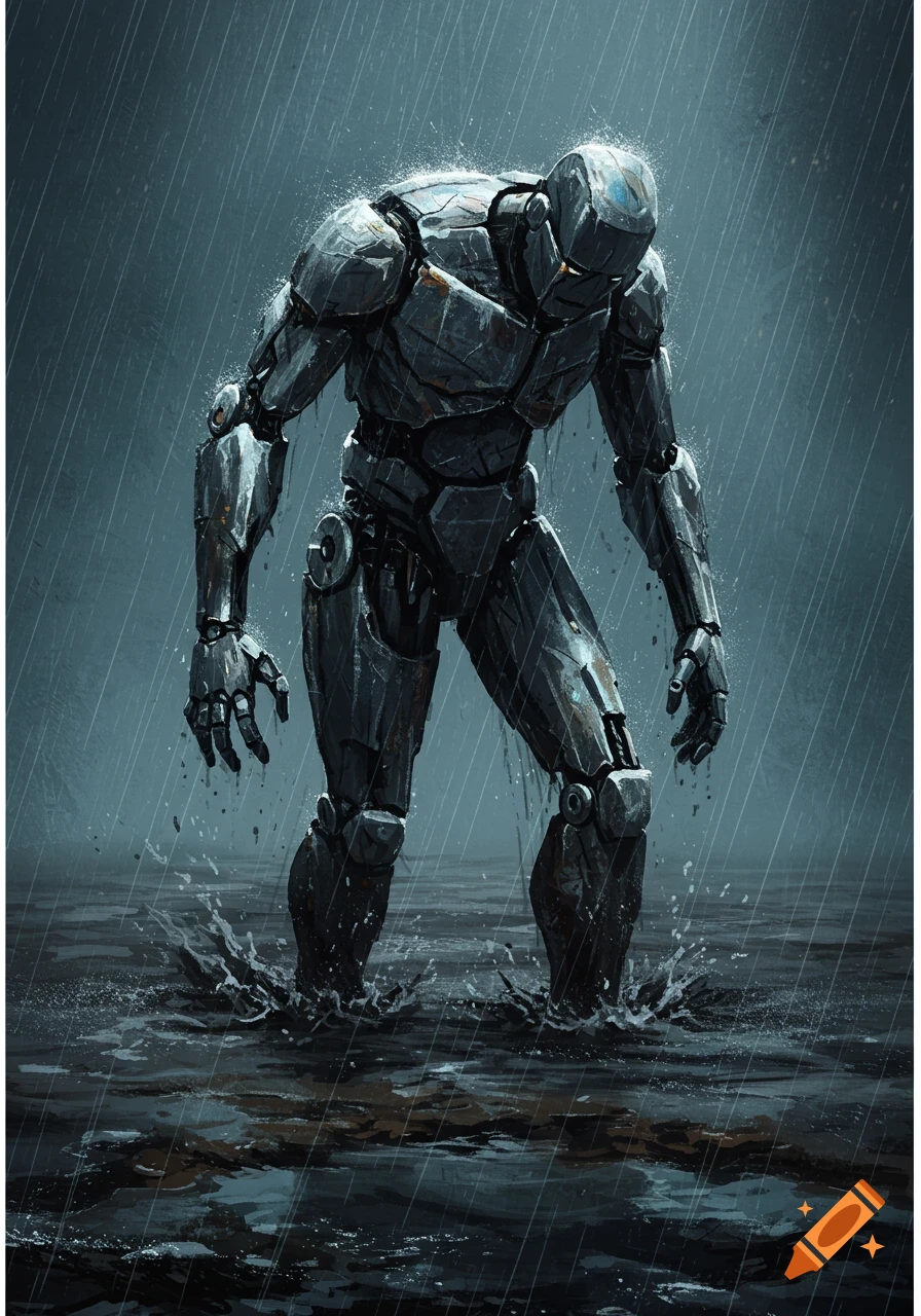 A metal figure walks through water in the rain