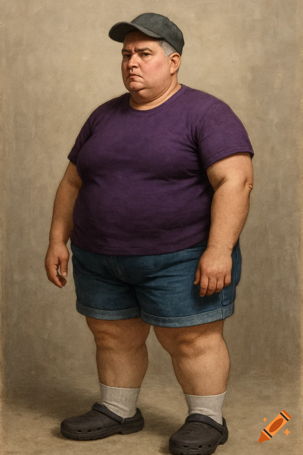 Full-body portrait of a heavy-set person in a purple shirt, jean shorts, Crocs, and baseball cap.