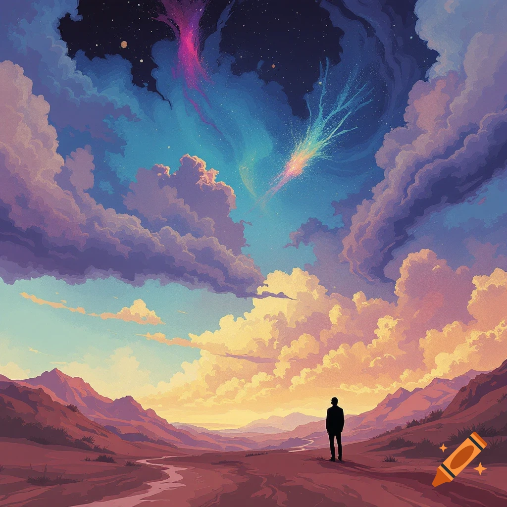 Silhouette of a person stands in a valley looking up at a dramatic sky with colorful clouds and cosmic streaks, in an illustrative style.