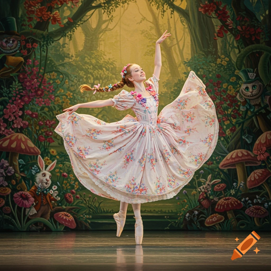 A ballet dancer in a floral dress poses on stage in front of a painted backdrop depicting Alice in Wonderland characters and scenery.