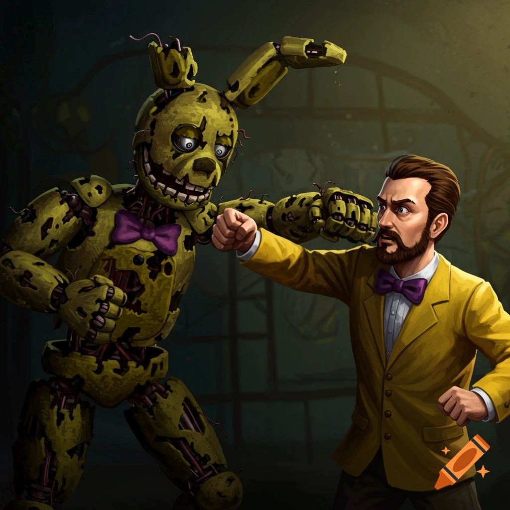 Springtrap punches a man in a yellow suit with a goatee in a dark room.