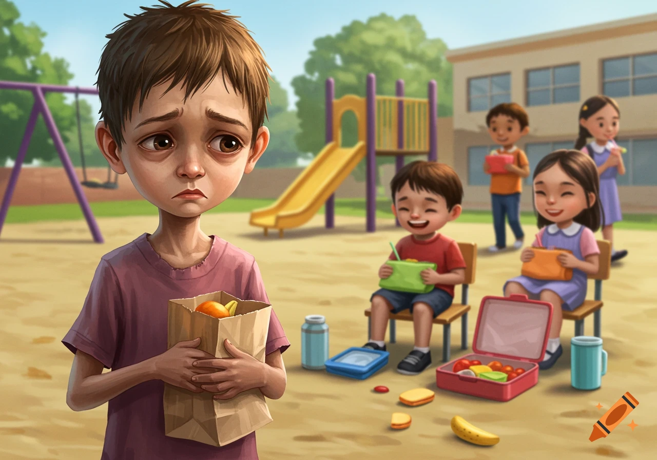 A sad boy with an empty bag looks at happy children eating on a playground, stylized illustration.