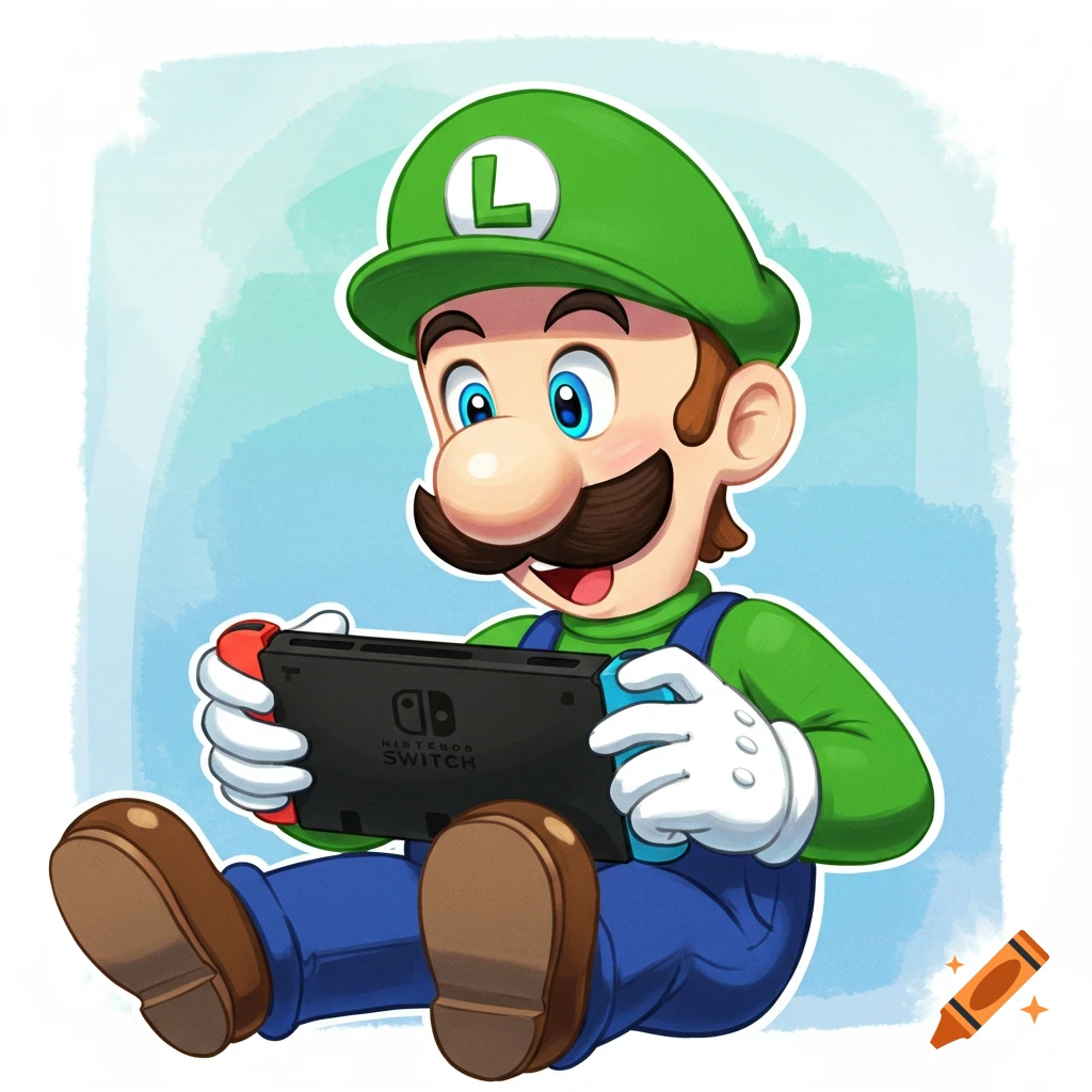 Cartoon illustration of Luigi sitting and happily playing a Nintendo Switch.