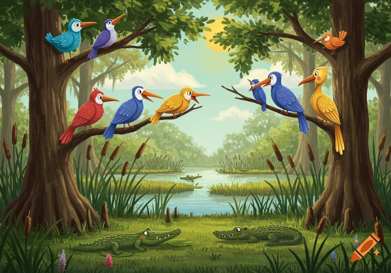 Cartoon illustration of colorful birds perched on tree branches above two alligators in a swamp.
