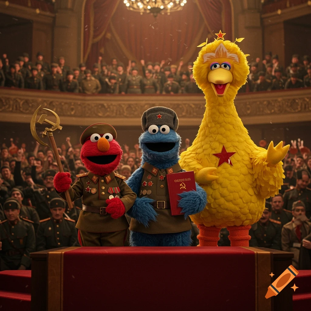 Elmo, Cookie Monster, and Big Bird in Soviet uniforms stand on a stage with a crowd, photorealistic.