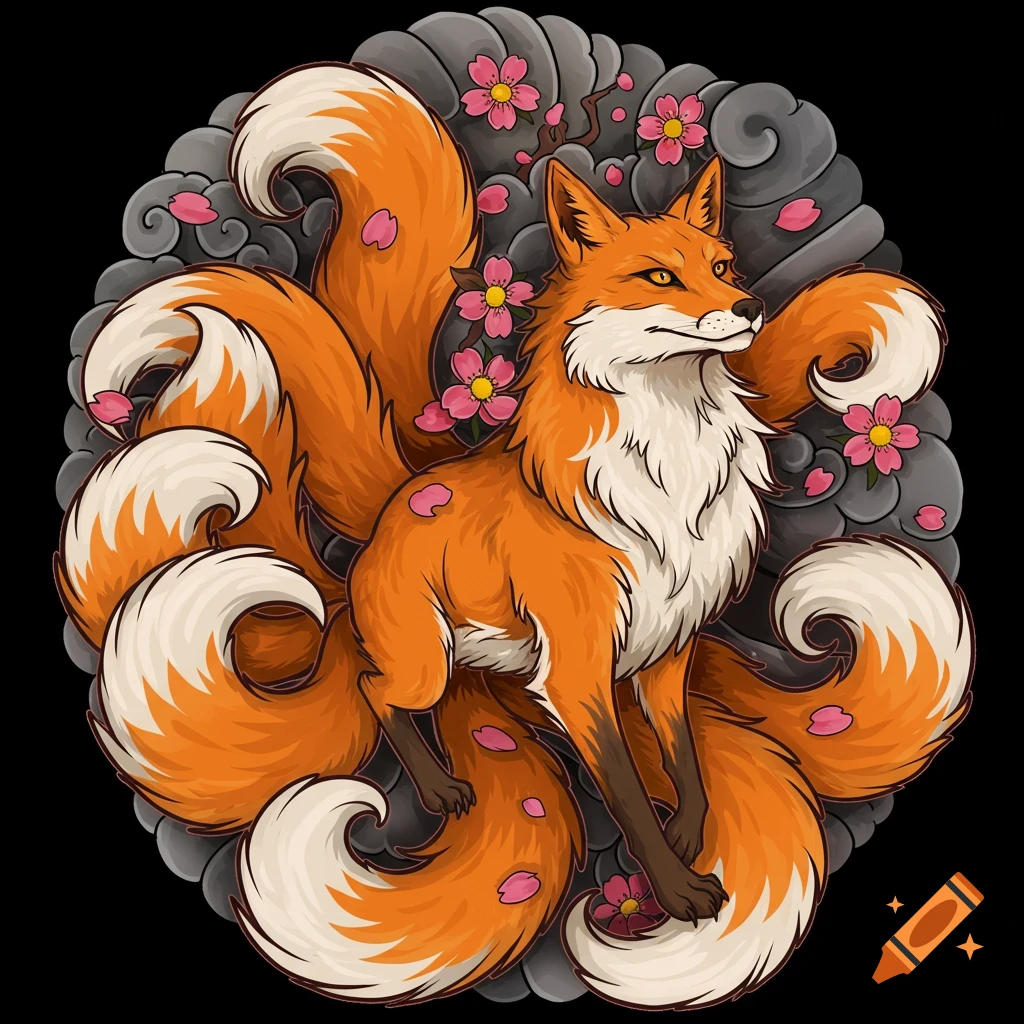 Stylized illustration of a nine-tailed fox surrounded by cherry blossoms in Japanese tattoo style.