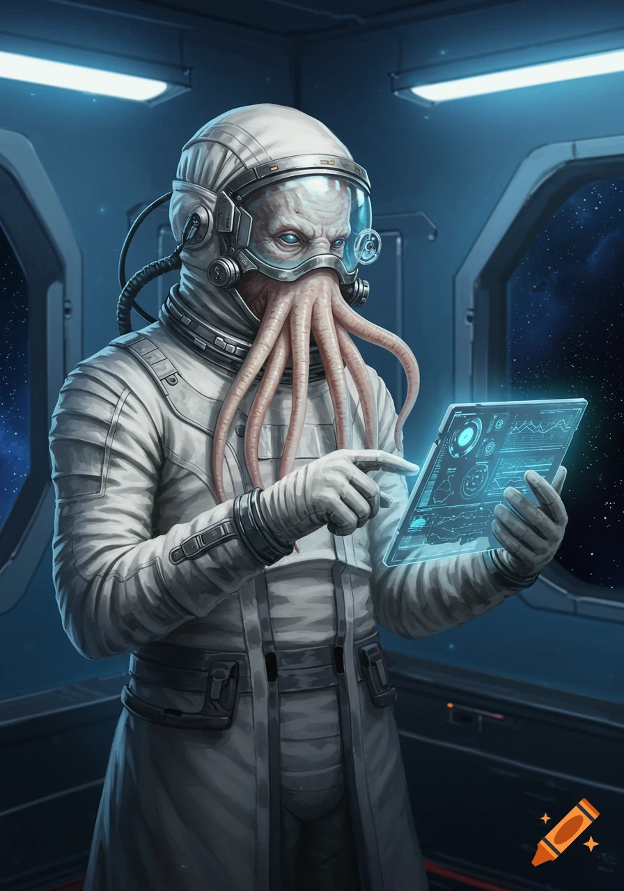A realistic rendering of a squid-like alien in a white space suit looking at a glowing holographic tablet inside a spaceship cockpit.