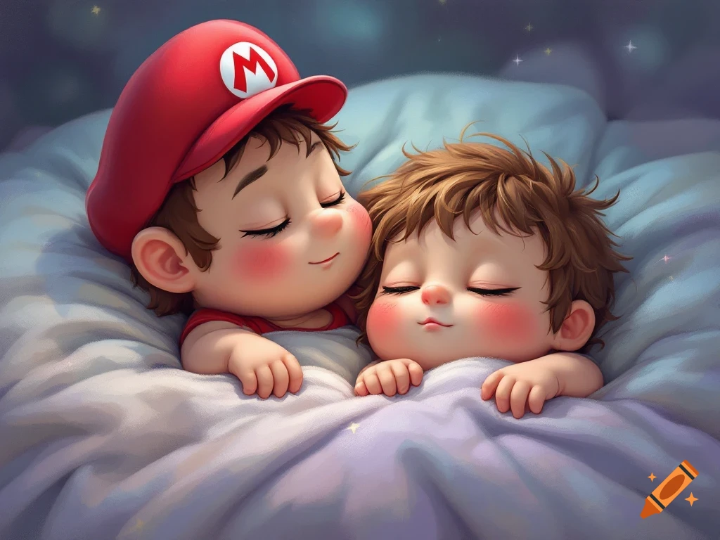 Cute cartoon babies sleeping, one wearing a red Mario hat, under a blanket.