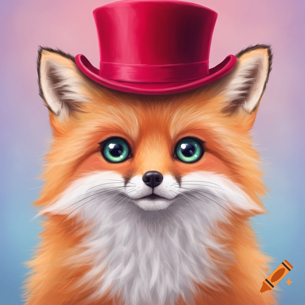 A cute orange fox wearing a red top hat, digital illustration