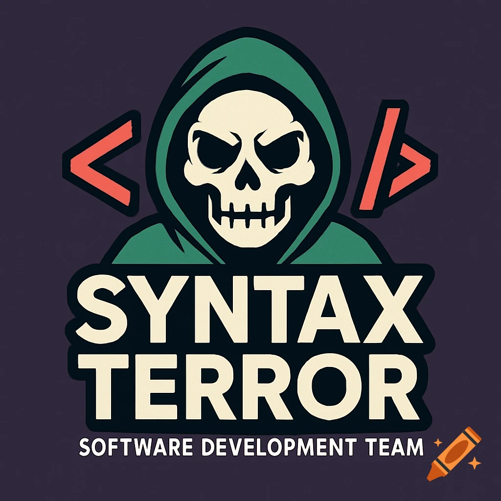 Logo featuring a skull in a green hood, with code symbols and the text Syntax Terror Software Development Team.