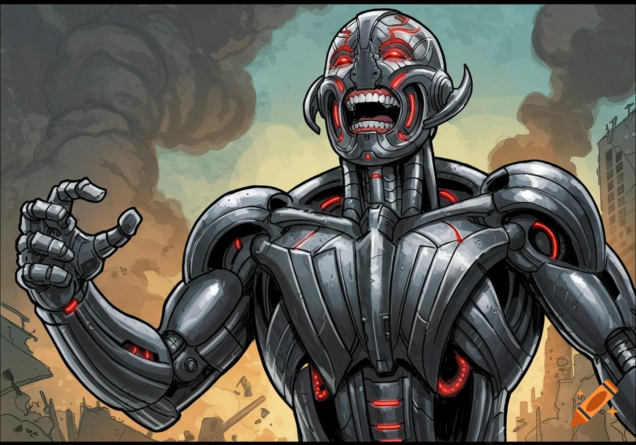 Ultron, a robot character, laughing in a destroyed city, comic book style.