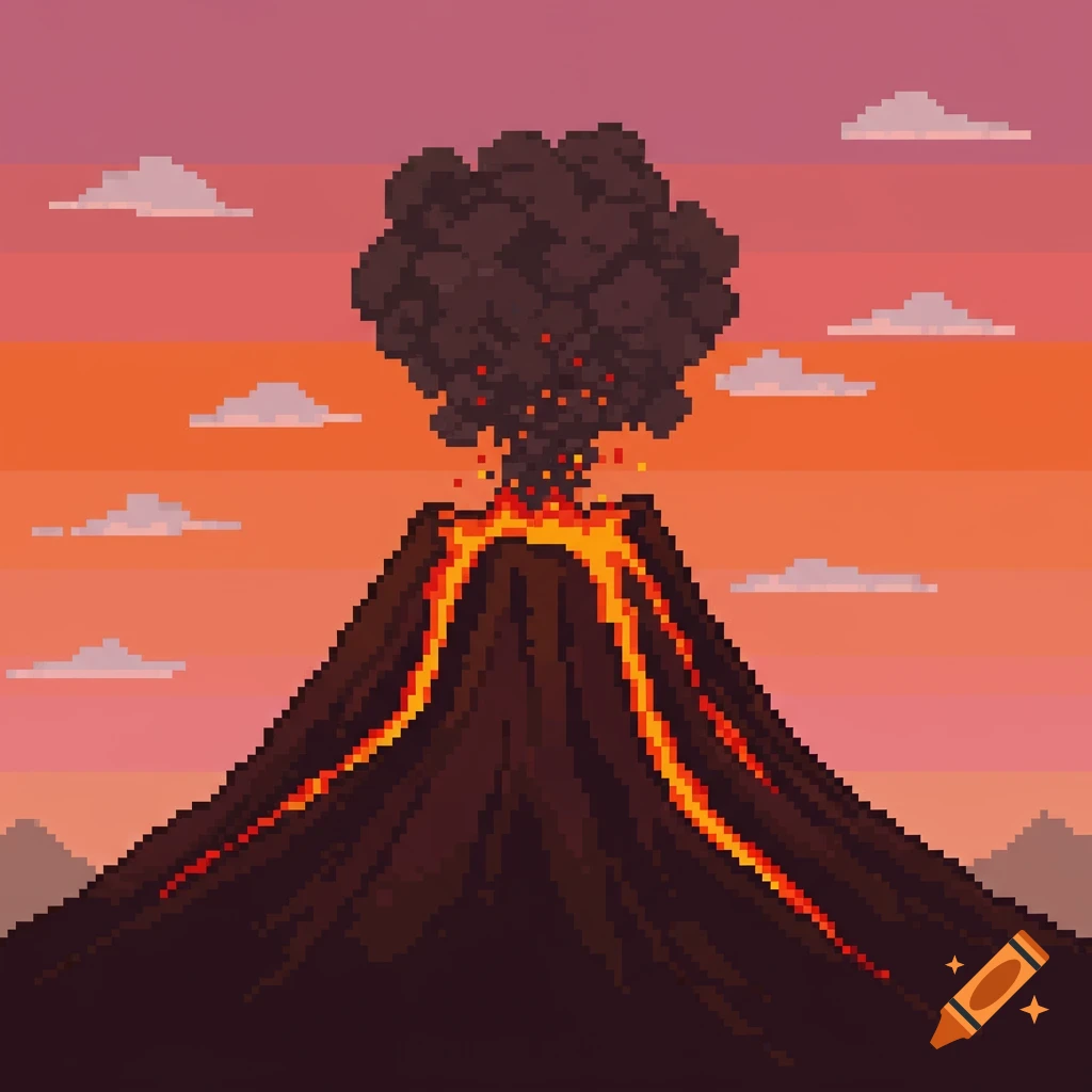Pixel art of a volcano erupting with lava streams and smoke against a sunset sky with clouds.